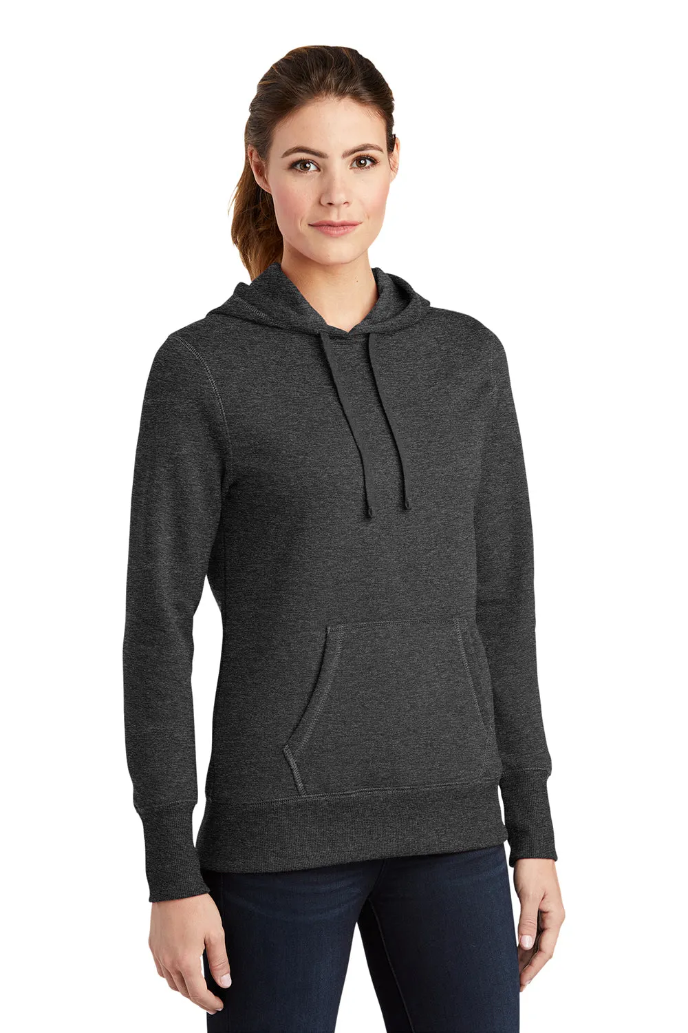 Sport-Tek Womens Shrink Resistant Fleece Hooded Sweatshirt Hoodie w/ Pouch Pocket - Heather Graphite Grey