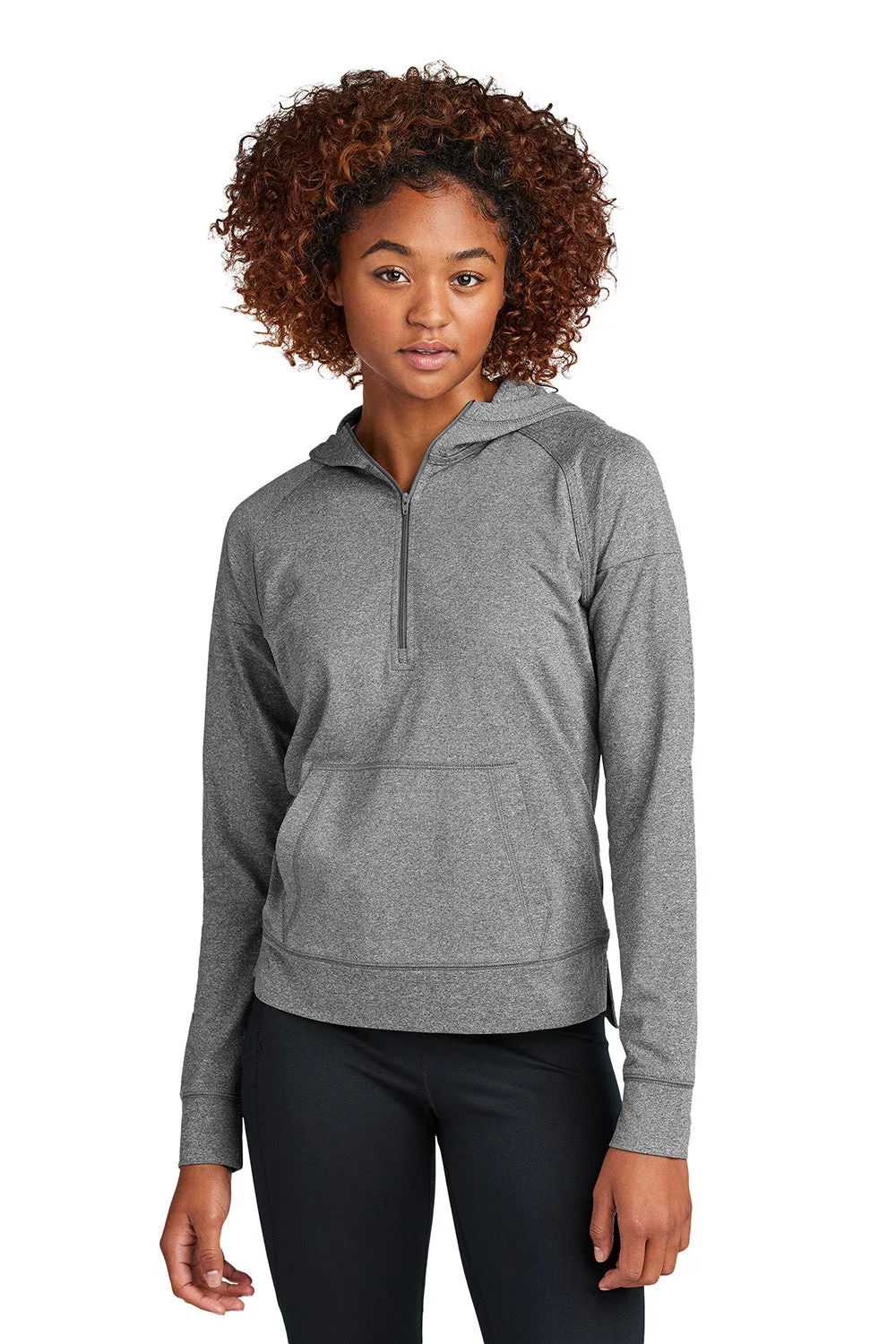 Sport-Tek Womens Sport-Wick Moisture Wicking 1/4 Zip Hooded Sweatshirt Hoodie w/ Pouch Pocket - Heather Charcoal Grey
