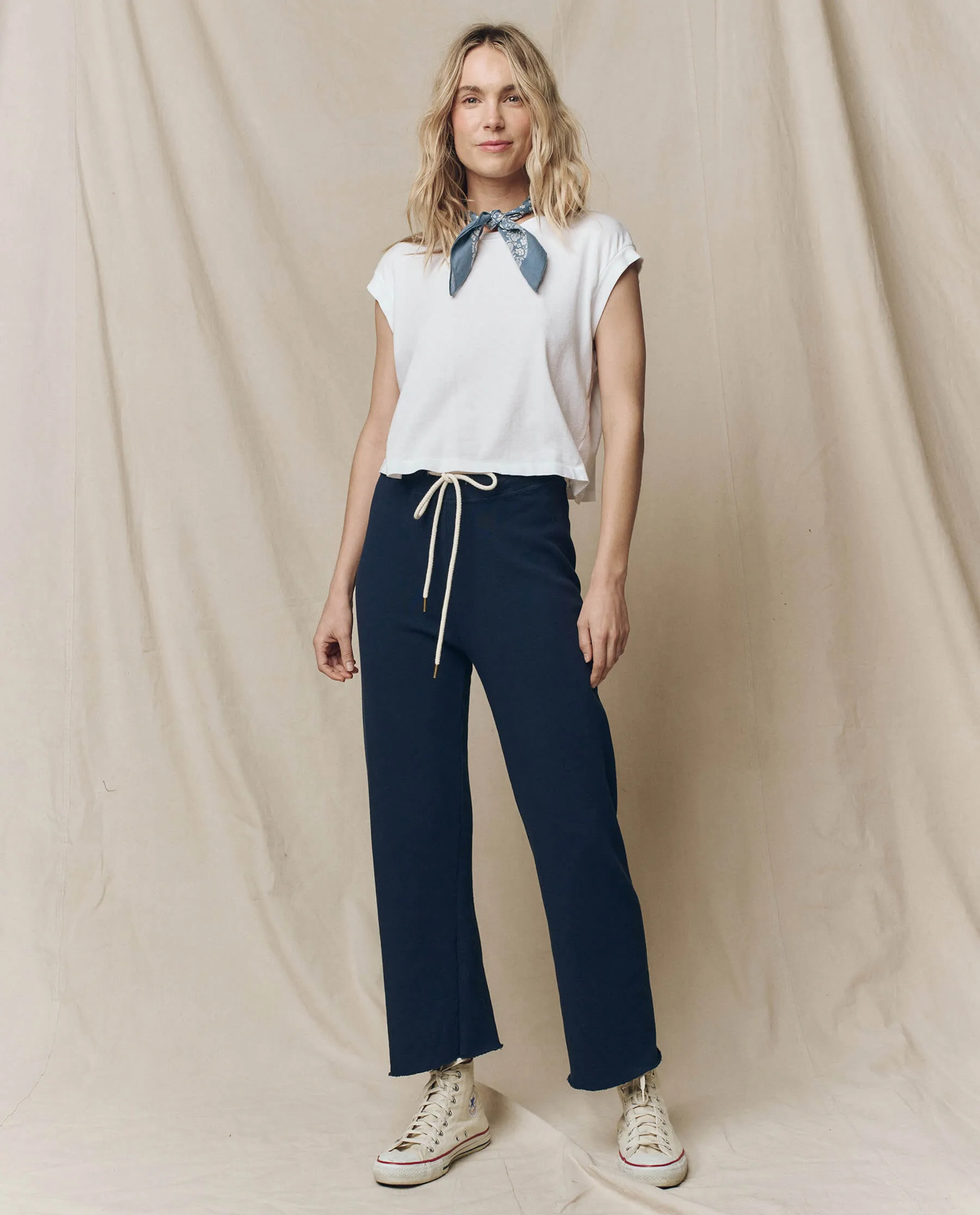 The Wide Leg Cropped Sweatpant. -- True Navy