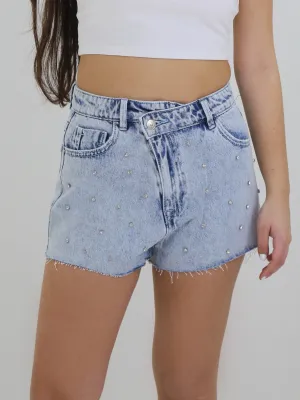 Women's Mini Washed Denim Short With Strass,Light Blue