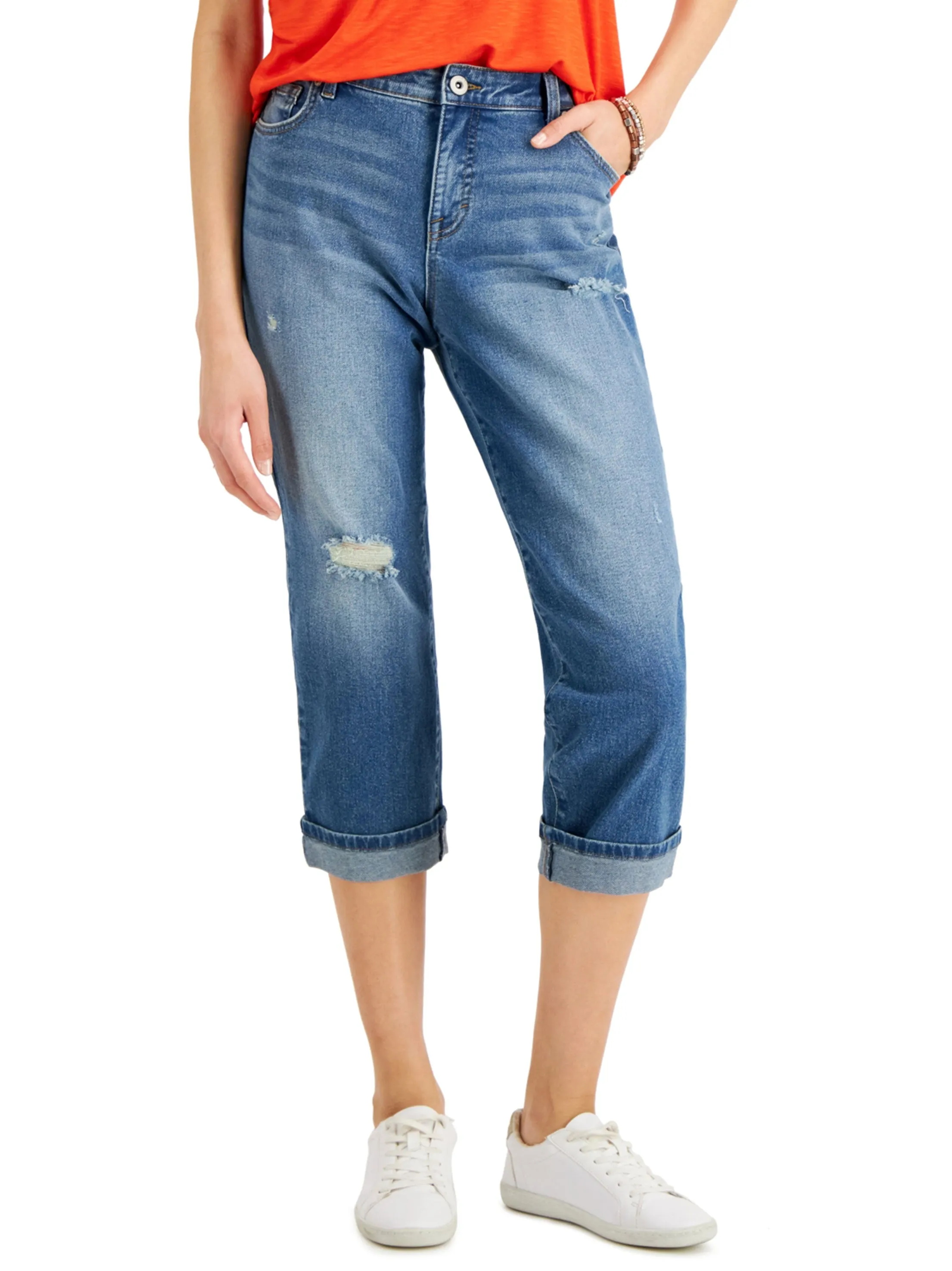 Women's Ripped Washed Capri Jeans,Blue