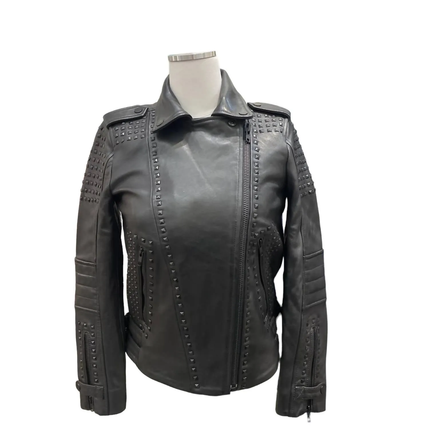 Women's Studded Leather Jacket In Black