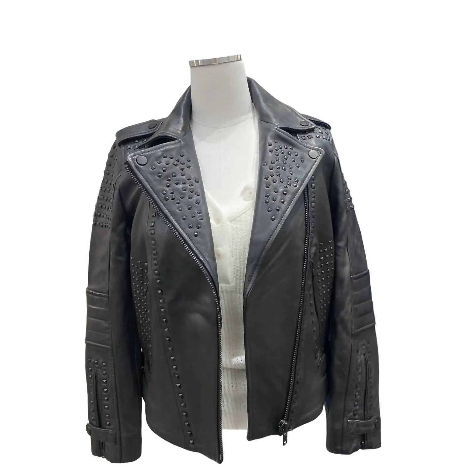 Women's Studded Leather Jacket In Black